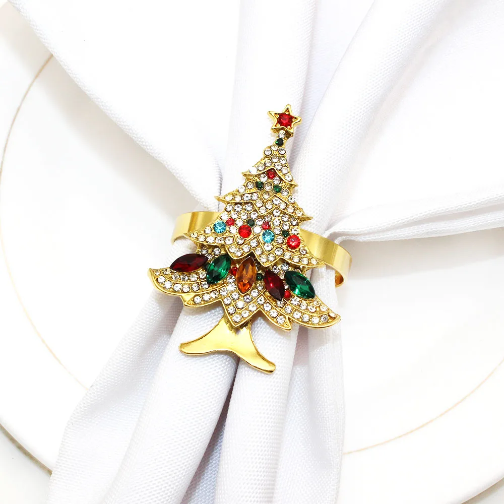 6pcs Crystal Christmas Tree Napkin Rings Rhinestone Napkin Holder Table Decor for Luxury Xmas Party Holiday Wedding Gift Set