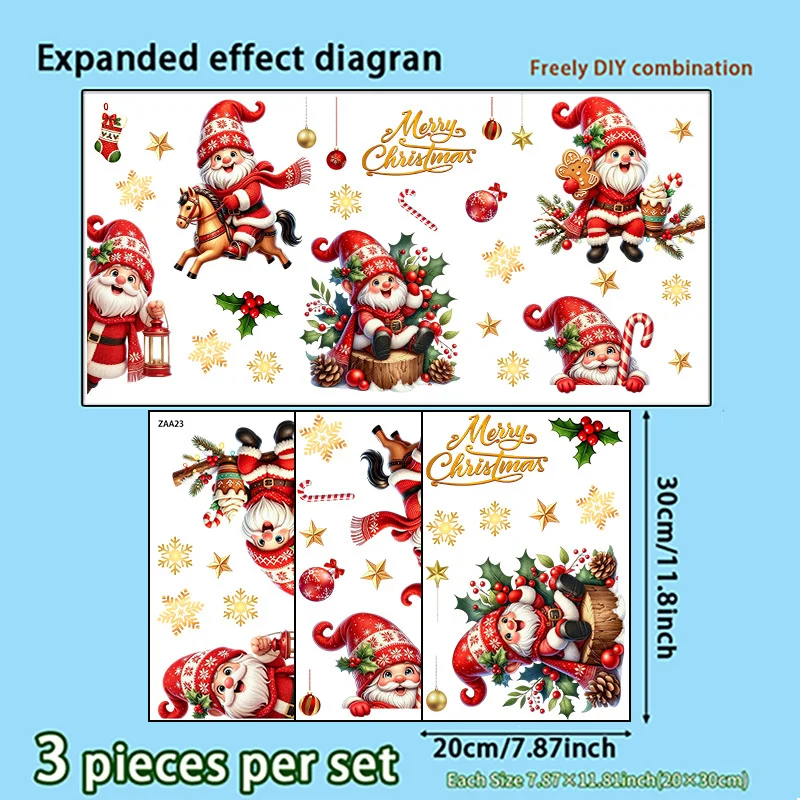 3pcs Christmas Gnome Themed Window Wall Stickers，suitable for cabinets, bedroom, glass doors, windows wall decor