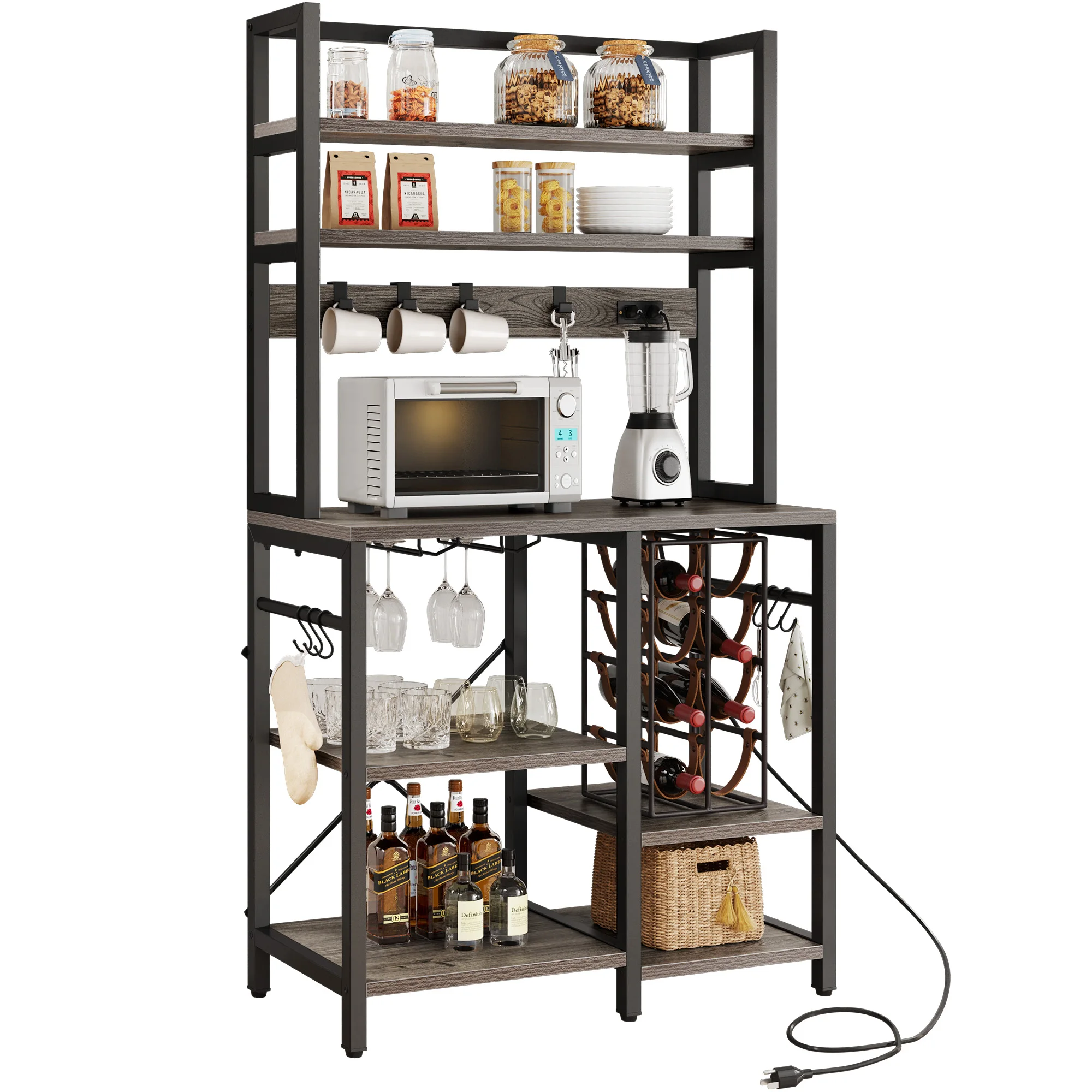 Kitchen Bakers Rack with Power Outlet Microwave Stand Rustic Coffee Bar Station