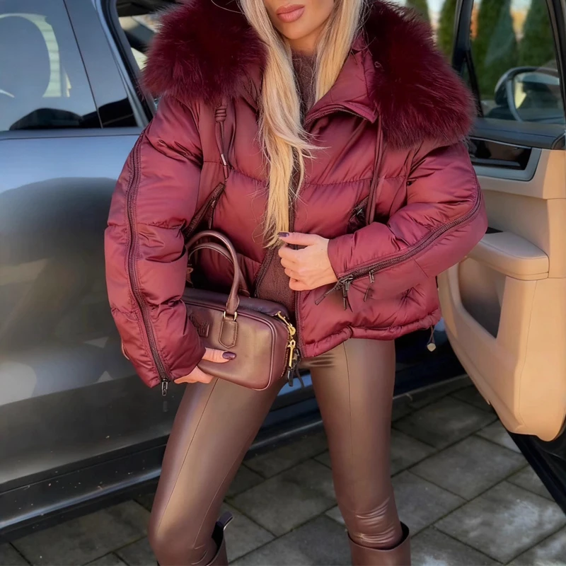 

Lady Fashion Thick Zipper Solid Short Coat Casual Fur Collar Long Sleeve Pocket Outwear Autumn Winter Elegant Warm Padded Jacket