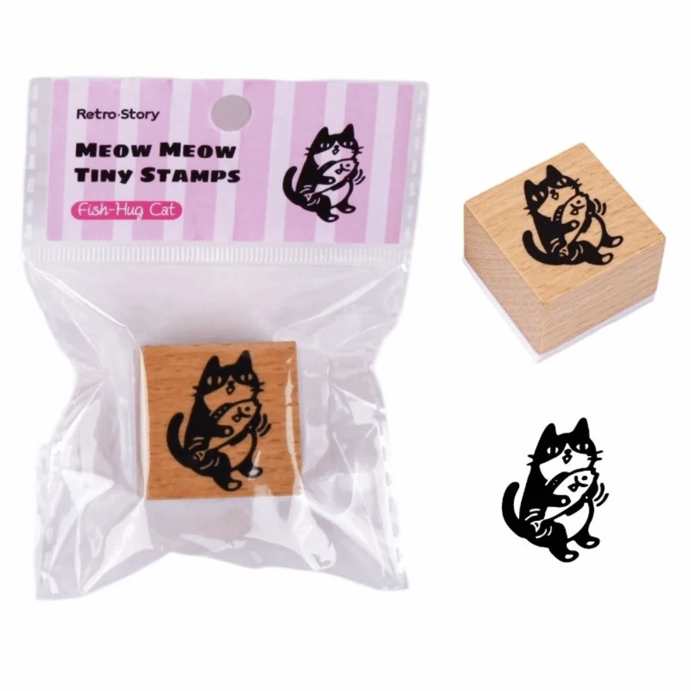 Cute Vintage Style Wooden Stamp Rubber Base Cartoon Cat Seal Stamping DIY Journaling Student Stationery Card Making
