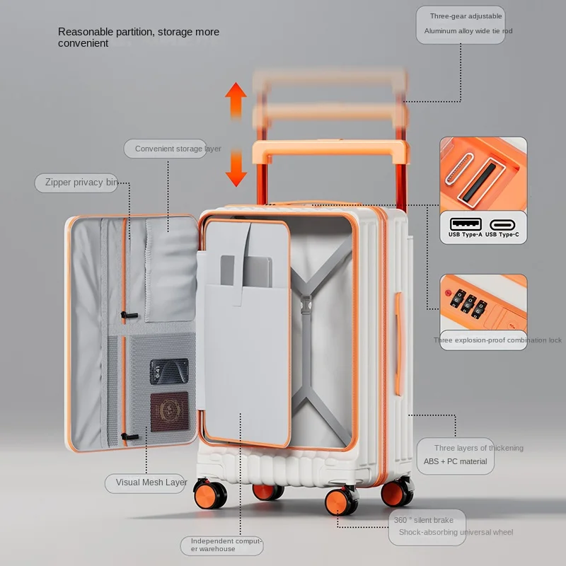 New Side-Opening Luggage Large Capacity 26-Inch Wide Handle Combination Lock Suitcase 20-Inch Carry-On Suitcase with Wheels