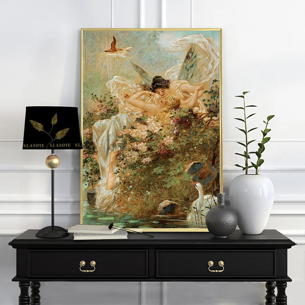 Hans Zatzka Vintage Poster Two Fairies Embracing In A Landscape With A Swan Art Nouveau Print Canvas Painting Decor Wall Picture