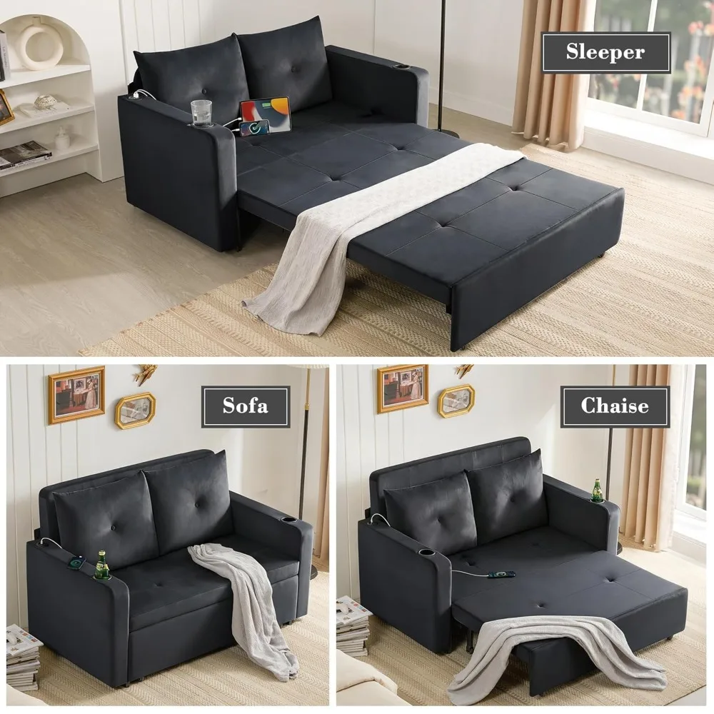 

3 in 1 Pull Out Couch, 56 Inch Velvet Sofa Bed, Convertible Sleeper Sofa for Living Room, Small Space, Upholstered, Customized