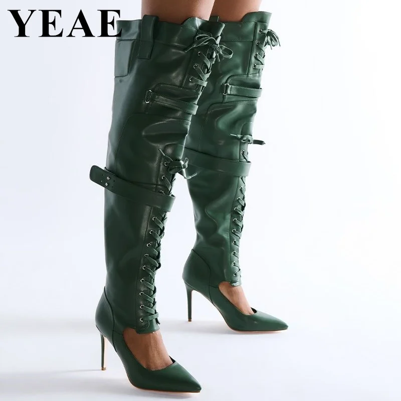 

Female Green Lace Up Over The Knee Boots Buckle Belt High Heels Party Shoes Woman Zipper Stiletto Pointed Toe Thigh High Boots