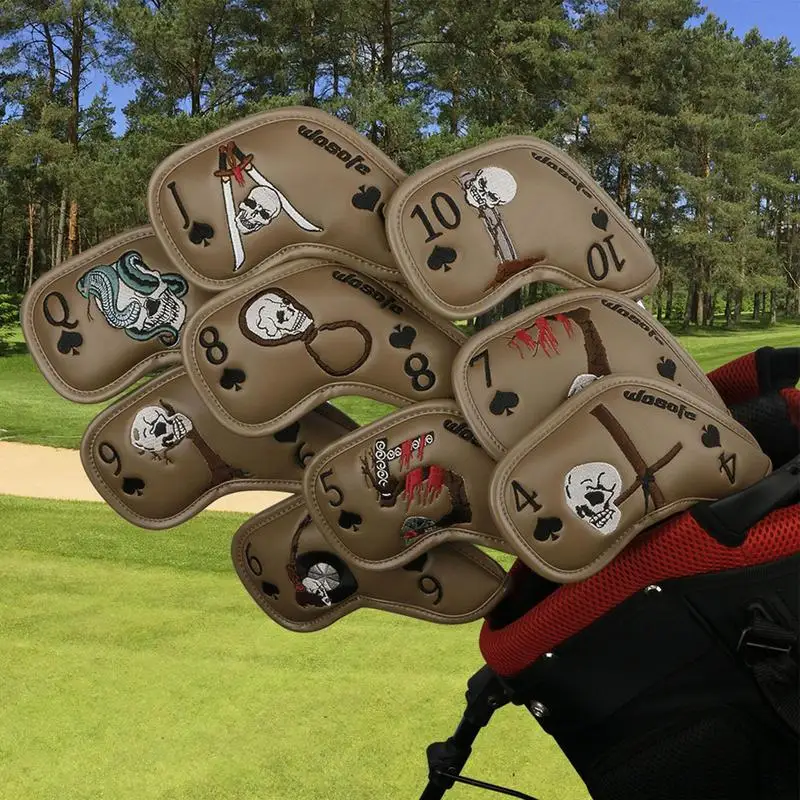 Golf Head Covers 9pcs/set 4 5 6 7 8 9 10 J Q PU Skull Embroidered Club Protector Head Cover Golfs Iron Cover For Golfer Gift