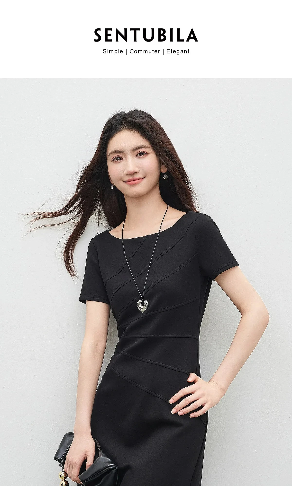 SENTUBILA Damen Schwarzes Strick-T-Shirt-Kleid 2026 Elegantes Schulterfreies Slim-Fit Asymmetrisches Midi-Kleid für Damen Q62LN7424 – Detail 1