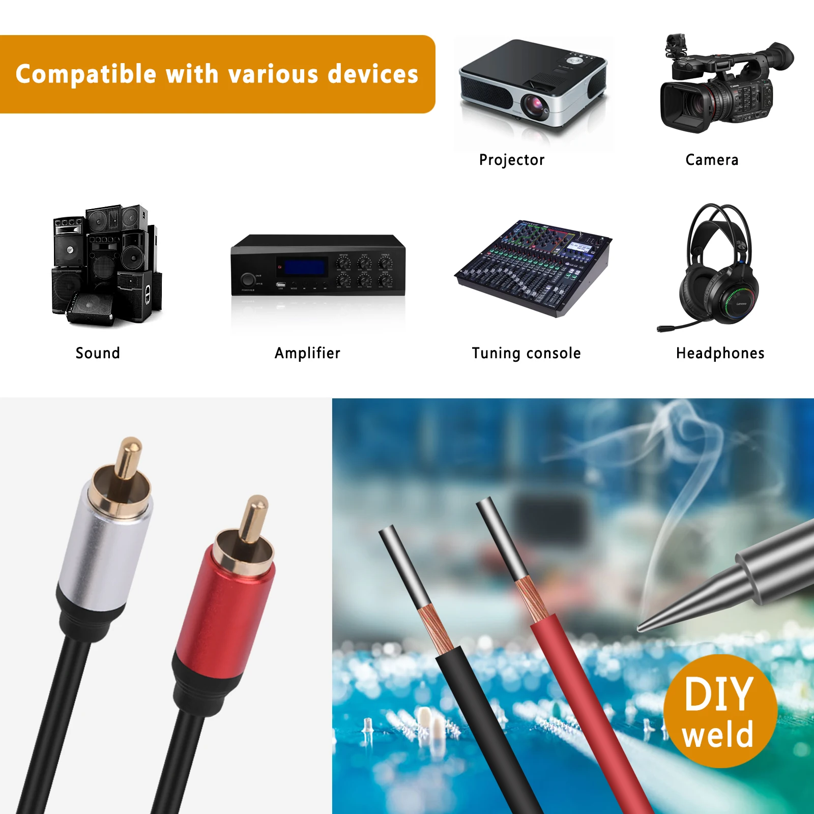 Speaker Wire RCA Male Plug Jack Connector to Bare Wire Open End Pigtail RCA Cable for CD DVD player, amplifier, Receivers Repair