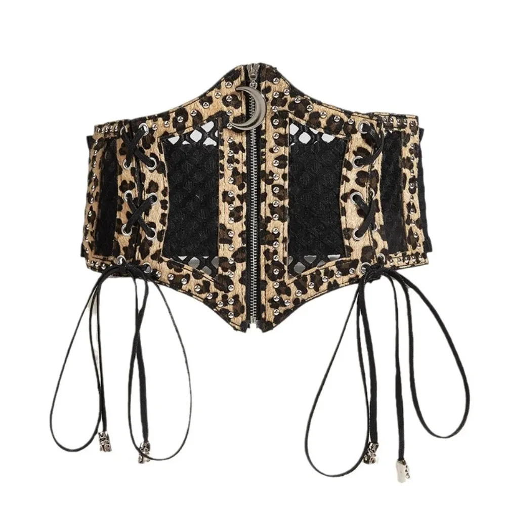

Moon Zipper Pendant Leopard Print Cummerbunds Waistband PU Leather Hollow Corset Belts Elastic High Waist Wide Waist Belt