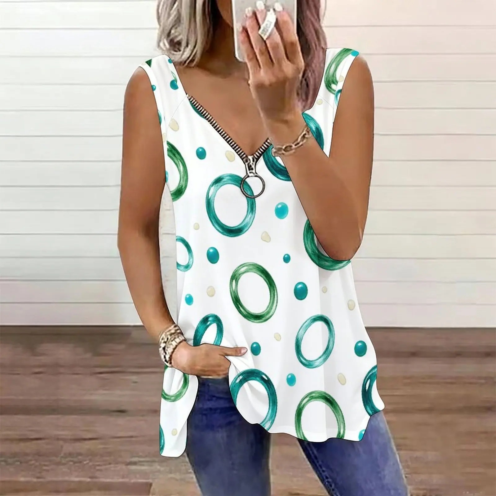 Women Printed Sleeveless V Neck Ring Zipper Tank Top Green Teal Circle Dot Pattern Curved Hem