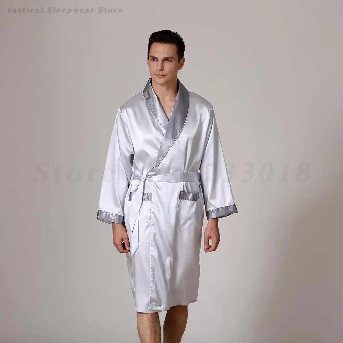 Summer Silk Stain Robe Men Bathrobe Kimono Gown Loose Casual Home Wear Male Loose Sleepwear Loungewear Night-Gown with Belt