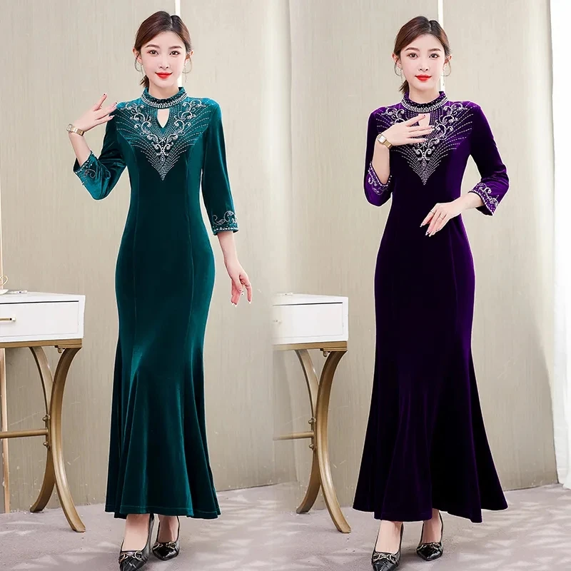 2024 Autumn/Winter New Custom-drilled Gold Velvet With Velvet Thickening Improve The Texture Cheongsam Mother Skirt Banquet Host