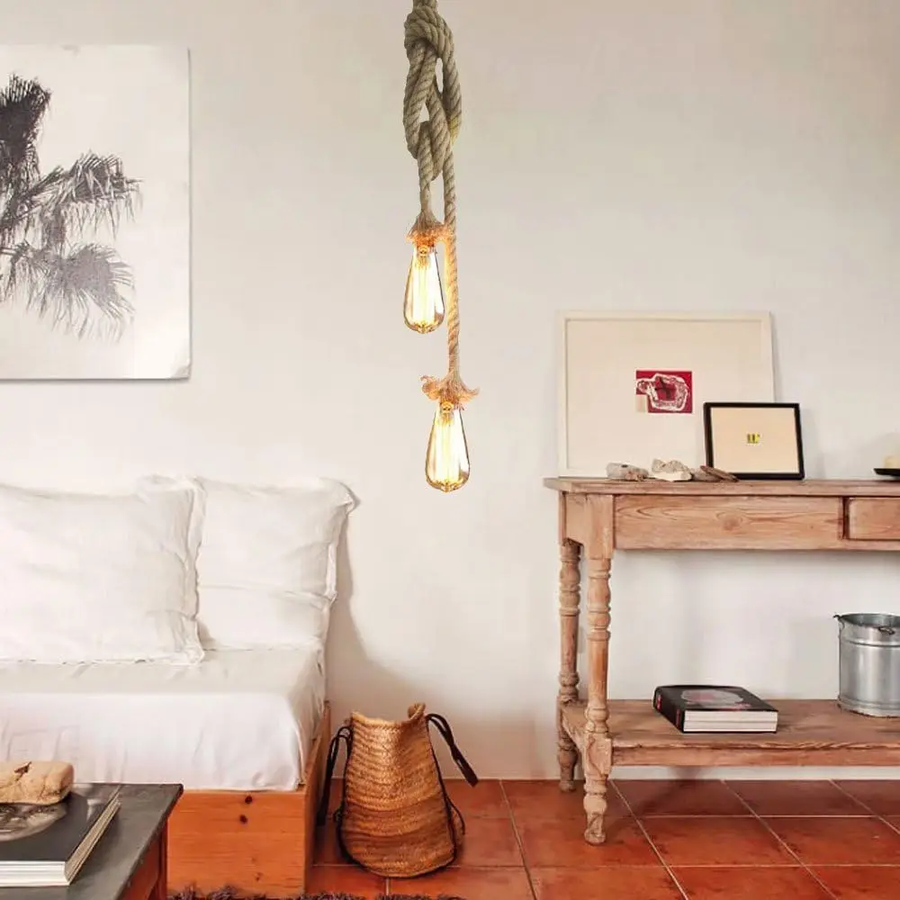 Винтажный подвесной светильник с 2 головками, подвесной светильник из пеньковой веревки, цоколь E27, подвесной светильник для столовой, ресторана, бара, домашнего декора