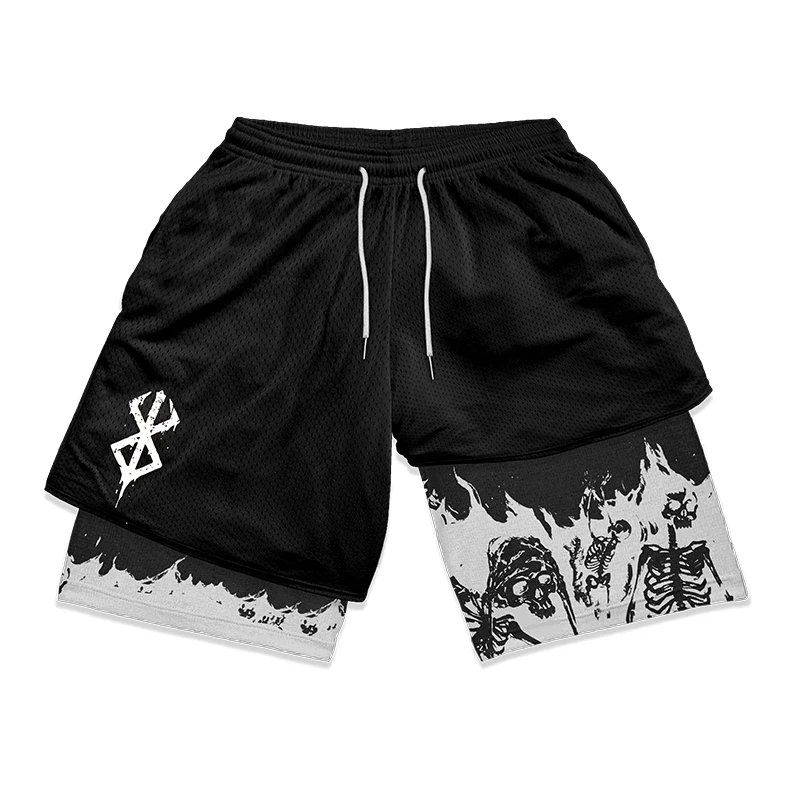 Men\'s Anime Shorts Berserk Manga Print 2 in 1 Gym Shorts Compression Stretchy Sports Shorts Quick Dry Fitness Workout Summer