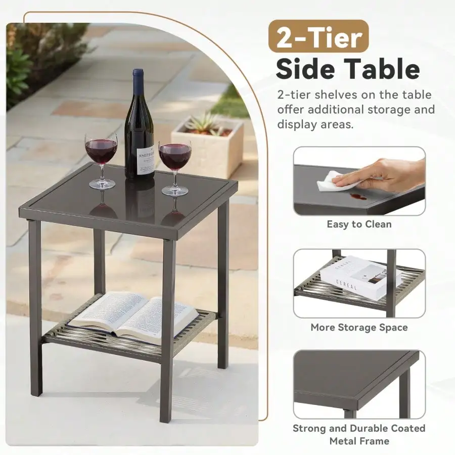 Outdoor Wicker Side Table 22x18x18 Inch All Weather Rattan Small Patio Table Square End Table For Pool Balcony Deck Porch Lawn B