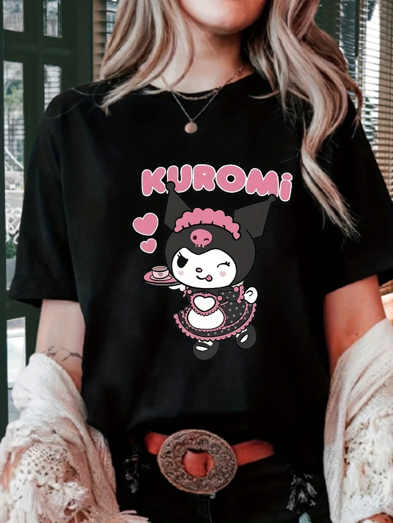 

Sanrio for Hello Kitty&for Kuromi Women's T-shirt Black with Pink Print, Cute Anime Pattern Short Sleeve Round Neck T-shirt