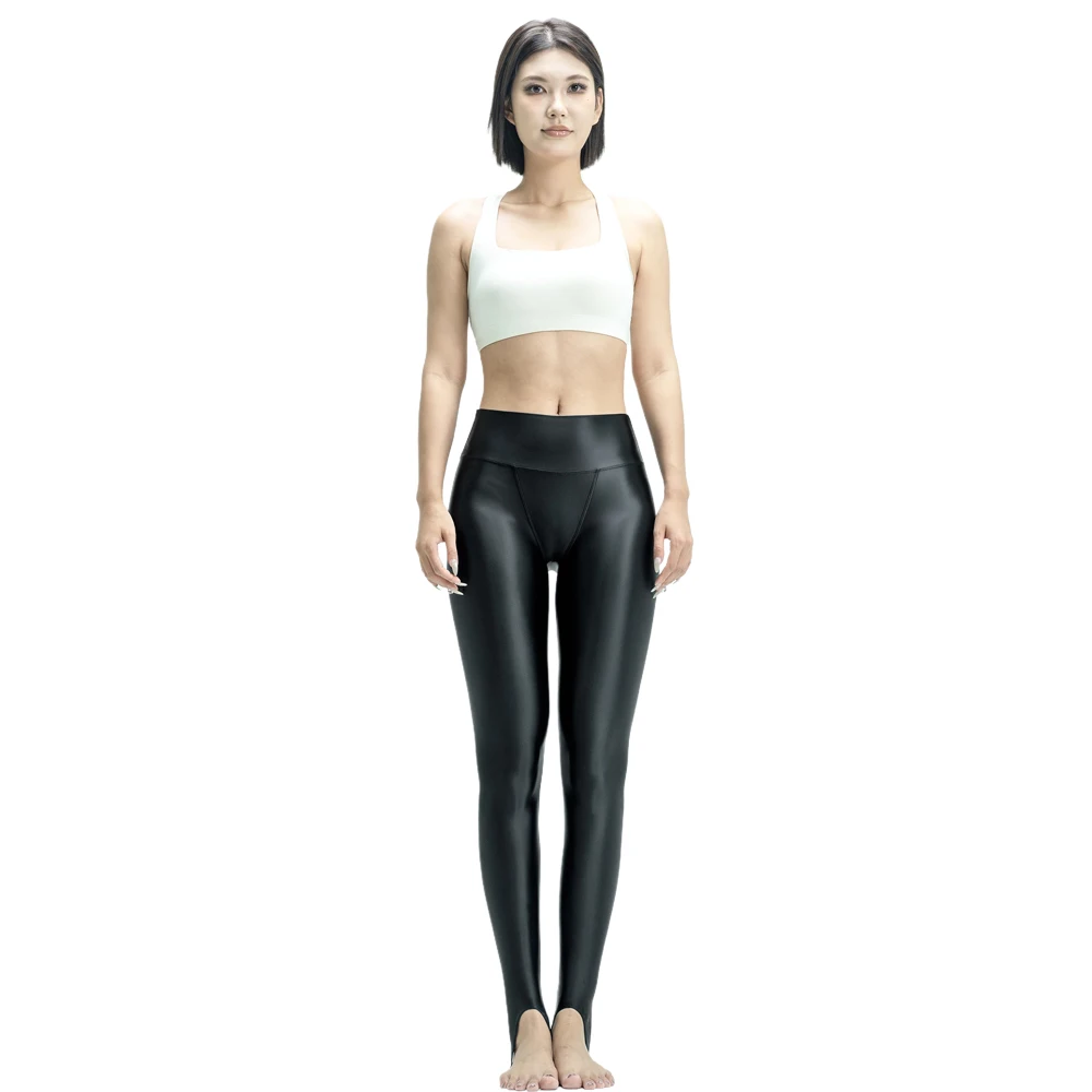 MJINM Women Glossy Satin Skinny Wide Waist Workout Stirrup Pants V-Crotch Tights Smooth Gymnastics Casual Running Leggings S-3XL