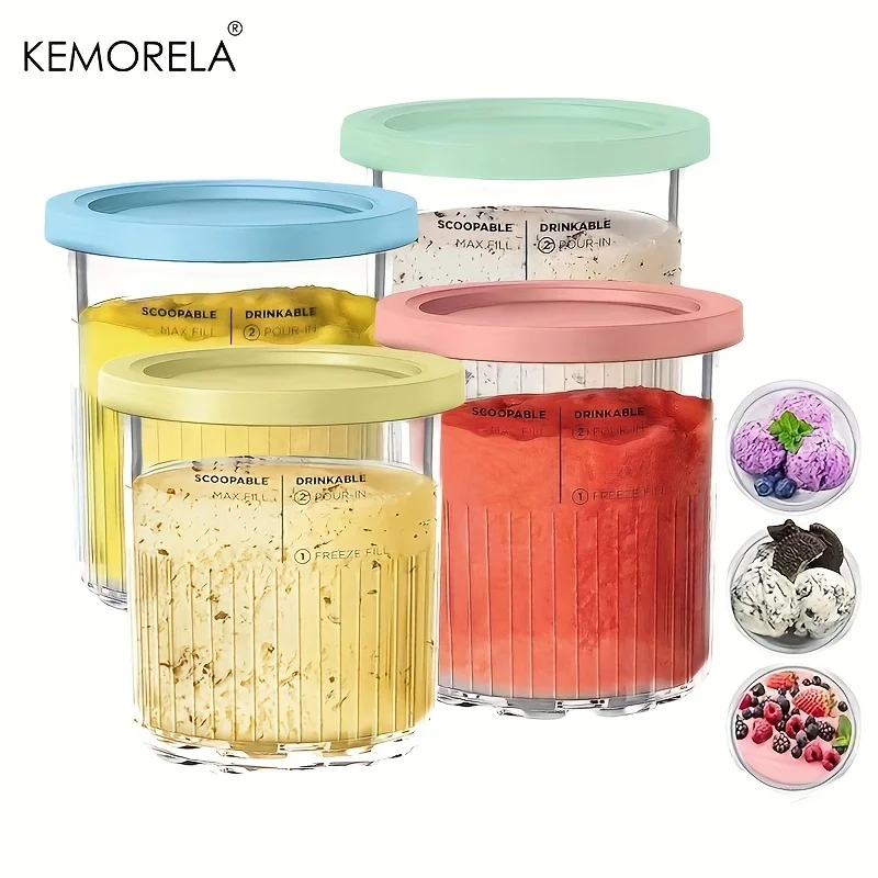 

KEMORELA 4 Pack Creami Pints and Lids for Ninja, for NC501 NC500 Creamy Icecream Containers Cups Jar Tub Canisters Set Smoothie