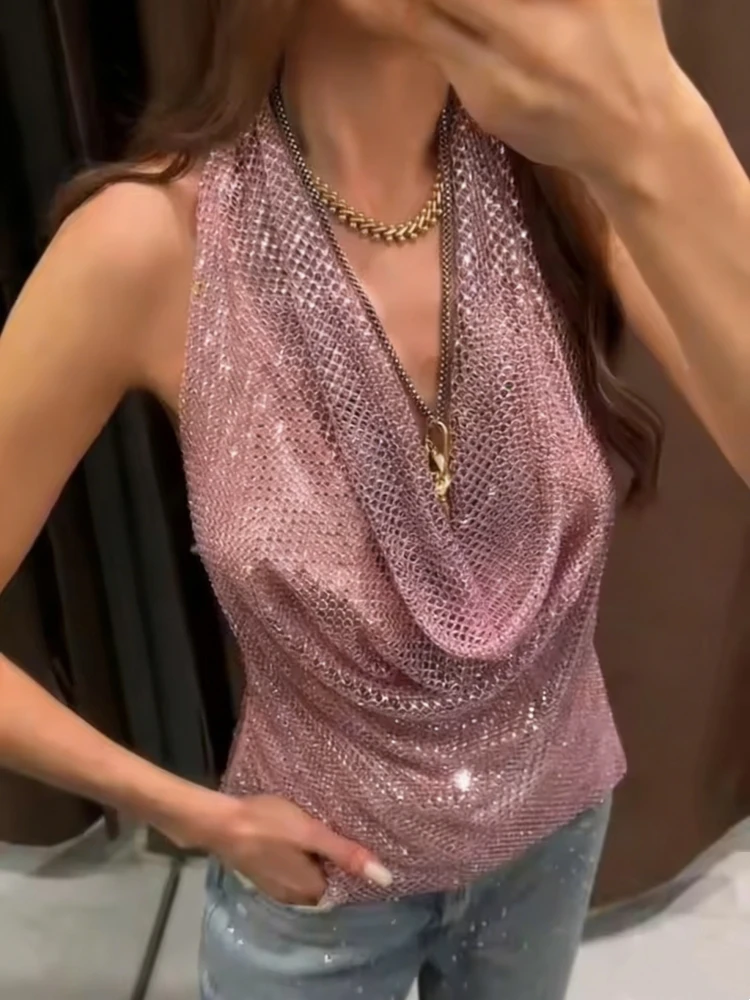 Rosa Strass Mesh Backless Sommer Tops Frauen Sexy Halter Zip-up Crop Top Tanks Weibliche Club Abend Party Shinny tops 2026 Neue