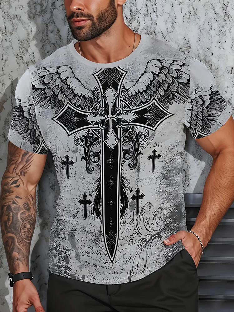 

Мужские топы с короткими рукавами в религиозном стиле с 3D крестообразным принтом для спорта на открытом воздухе, мужская футболка для фитнеса, уличная модная повседневная футболка