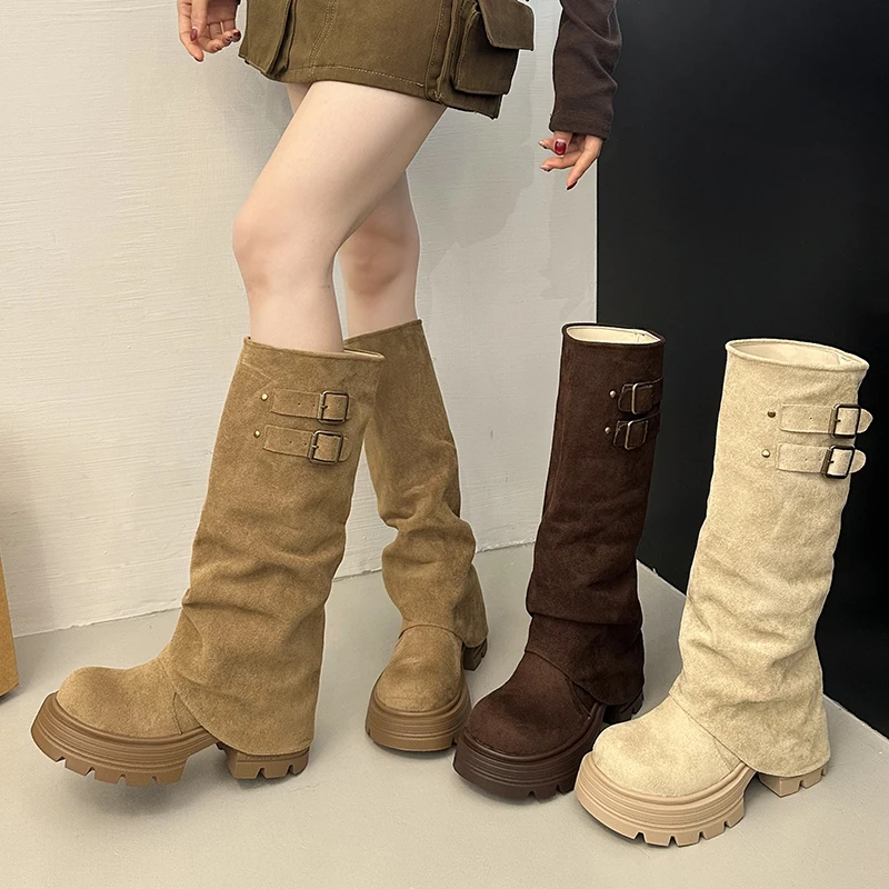 

Модные женские высокие сапоги на квадратном каблуке с пряжкой на ремне, праздничное платье в уличном стиле, длинные ботильоны, осенне-зимняя женская обувь