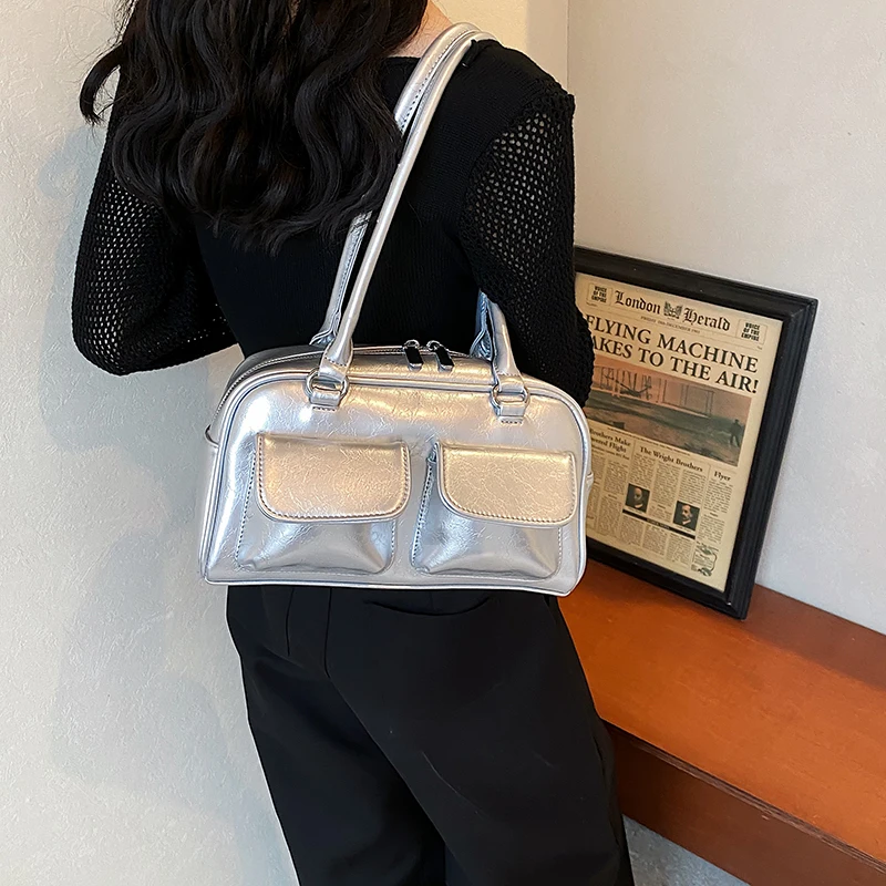 LEFTSIDE Retro Small Double Pockets Shoulder Bags For Women 2024 Korean Fashion Trend Underarm Bag Females Green Handbags