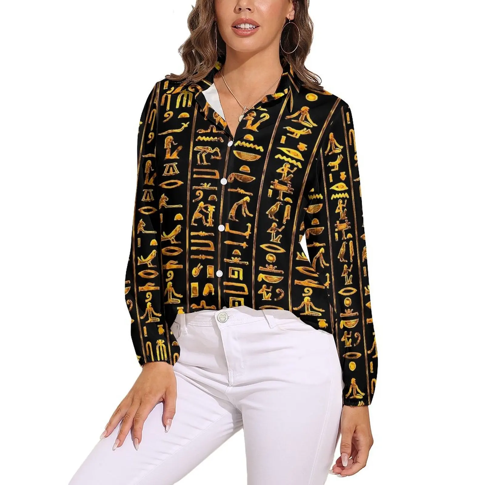

Ancient Egyptian Art Hieroglyphs Loose Blouse Casual Oversize Blouses Women Long Sleeve Modern Shirts Spring Design Top