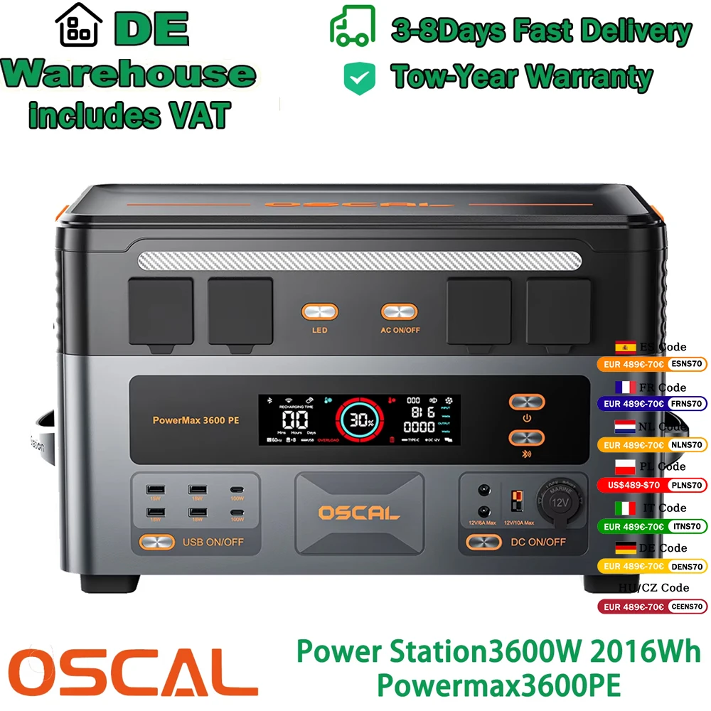 Estación de Energía OSCAL Mejorada 2016Wh 3600W PowerMax 3600PE con Carga Multimodo Ultrarrápida, Batería LiFePO4 de… — oferta en AliExpress