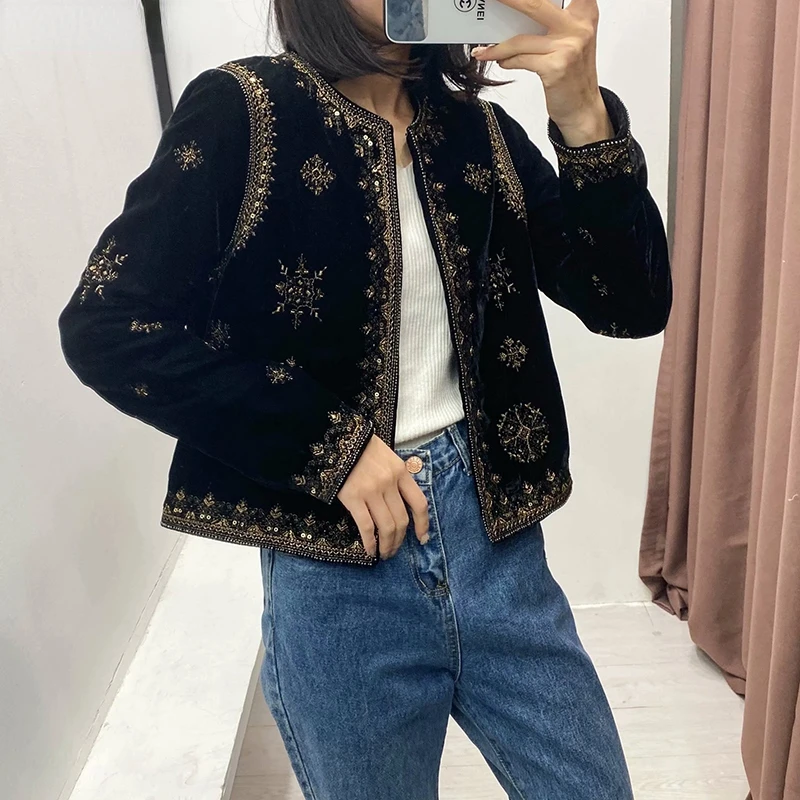 Women\'s Ethnic Style Heavy Industrial Embroidered Sequin Decorated Jacket Velvet Short Cardigan Autumn and Winter Women