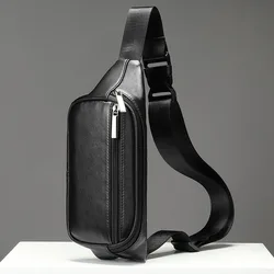 Bolso de pecho multifunción de cuero genuino para hombre, cinturón de un solo hombro, paquete de pecho de eslinga para motociclista, negro, 2 usos