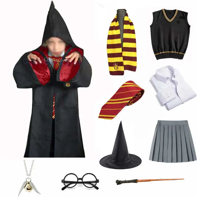 Boys Girls Adult Magic School Uniform Kids Wizard Robe Scarf Wand Uniform Girls Hermions Cosplay Halloween Costume