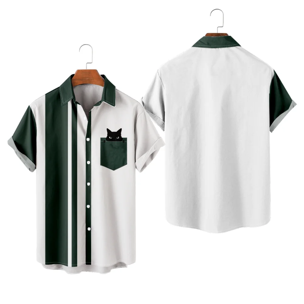 

Men's Casual Shirt Black Cat Pocket Print Aloha Shirt White and Green Patchwork Creative Summer Vacation Beach Tops