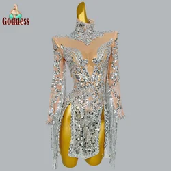 Summer Sparkly Silver/Gold Sequins Crystals Short Dress Sexy High Slit Women Club Evening Dress Birthday Party Singer Show Wear