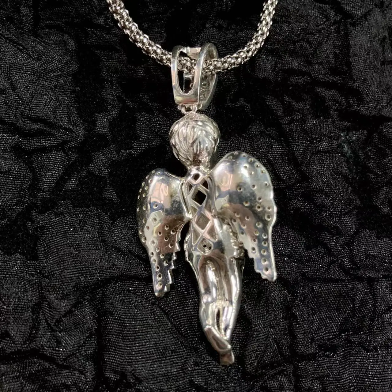 S925 Silver Angel Euro-American Hip Hop Pendant Full Diamond Prayer Angel Kanye Same Zircon Rap Necklace Hiphop