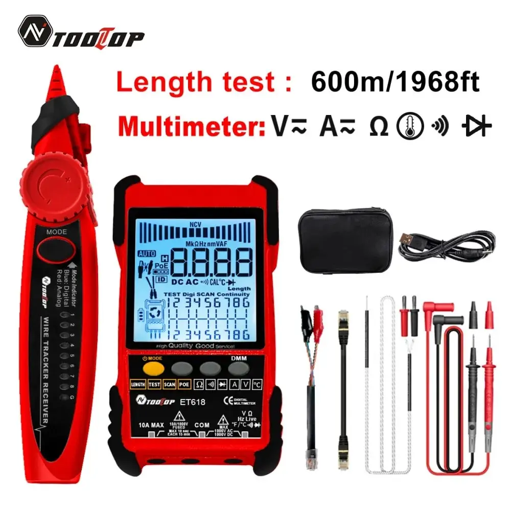 TOOLTOP Network Cable Tester Multimeter Lan Cable Tracking POE Test 400M/600M Length Measure Sensitivity Adjustable Line Tracker 