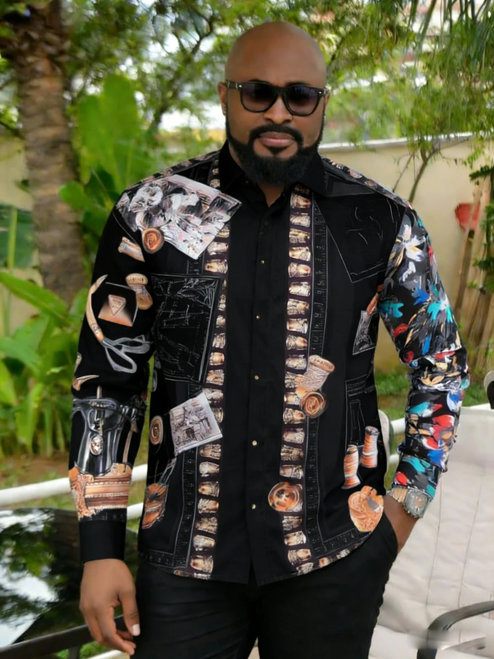 Men Black Vintage Sewing Tool Collage Print Long Sleeve Shirt Turn Down Collar Fashion Party Daily Casual Tops