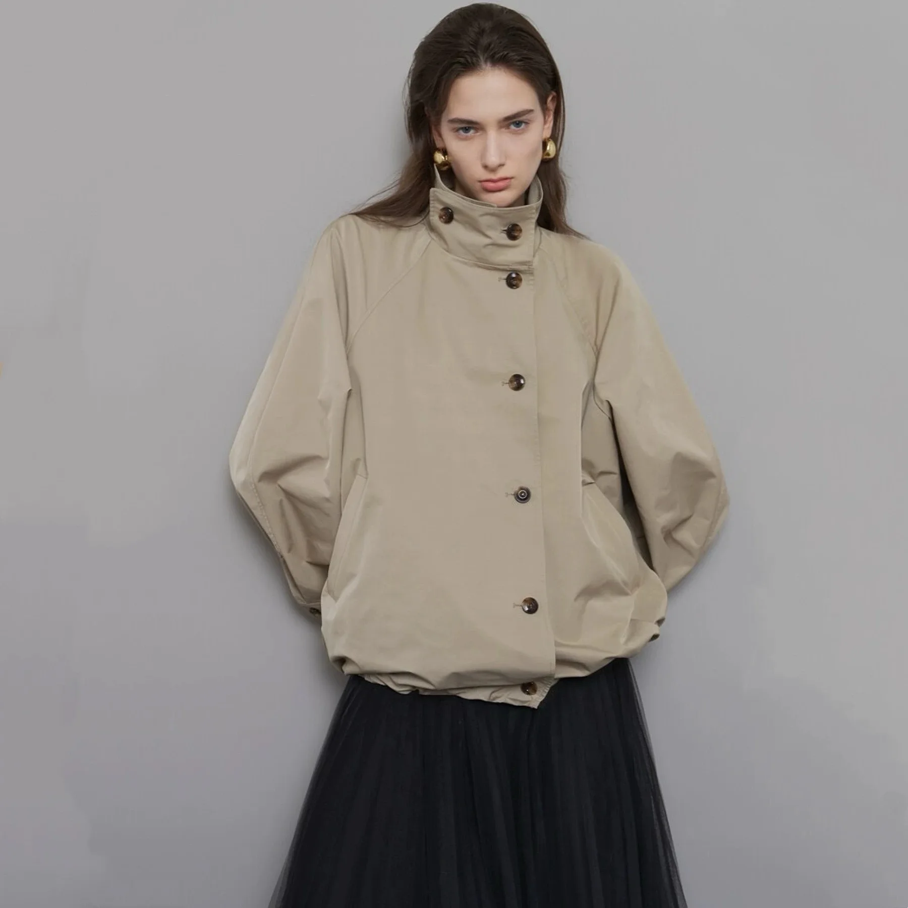 

Lemon Cheese LAN25 Осеннее свободное плиссированное пальто с завязками, повседневное пальто с воротником-стойкой и пуговицами, свободная женская верхняя одежда