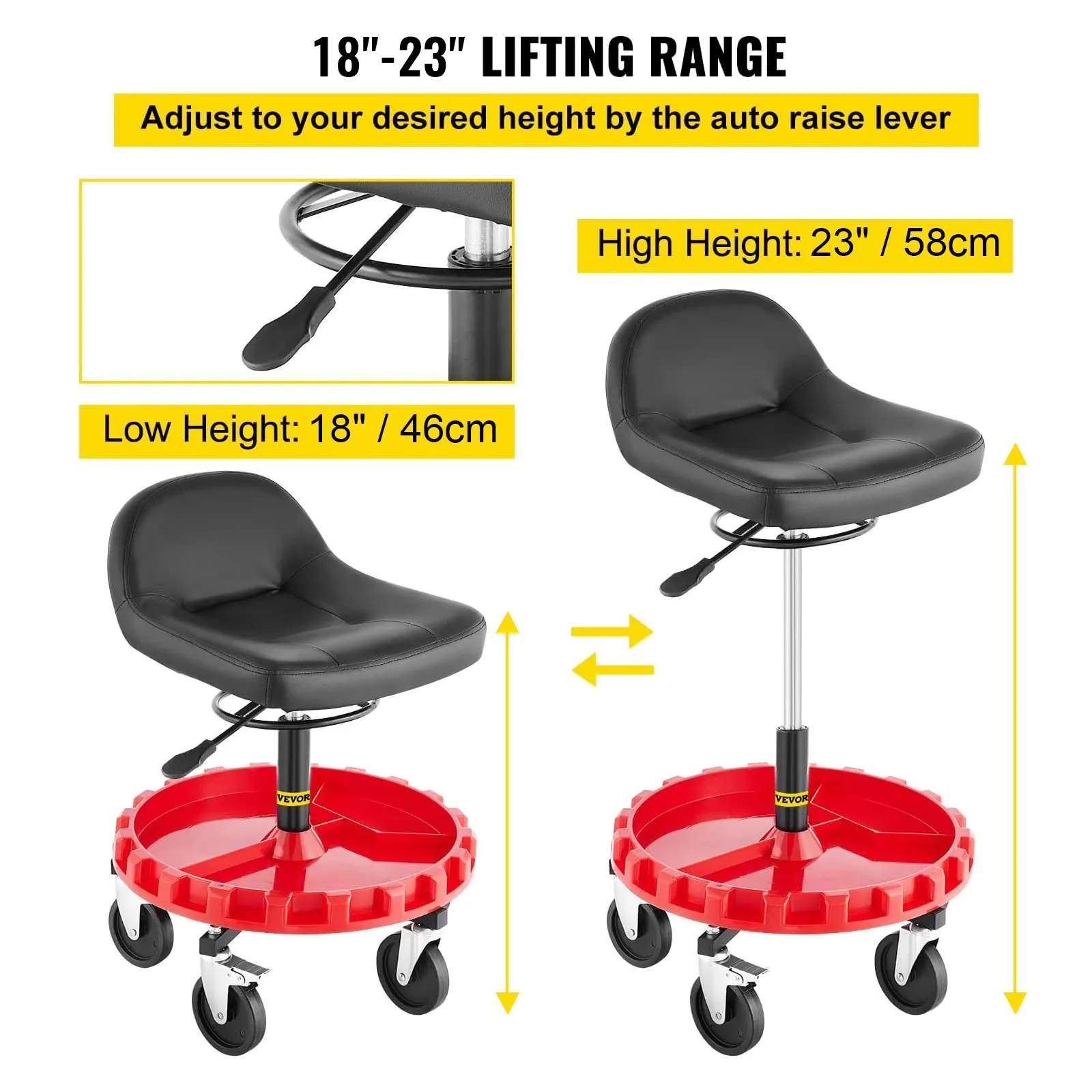 300 LBS Rolling Garage Stool, Adjustable Height Mobile Rolling Gear Seat, Round Tray Garage Pneumatic Stool,Casters