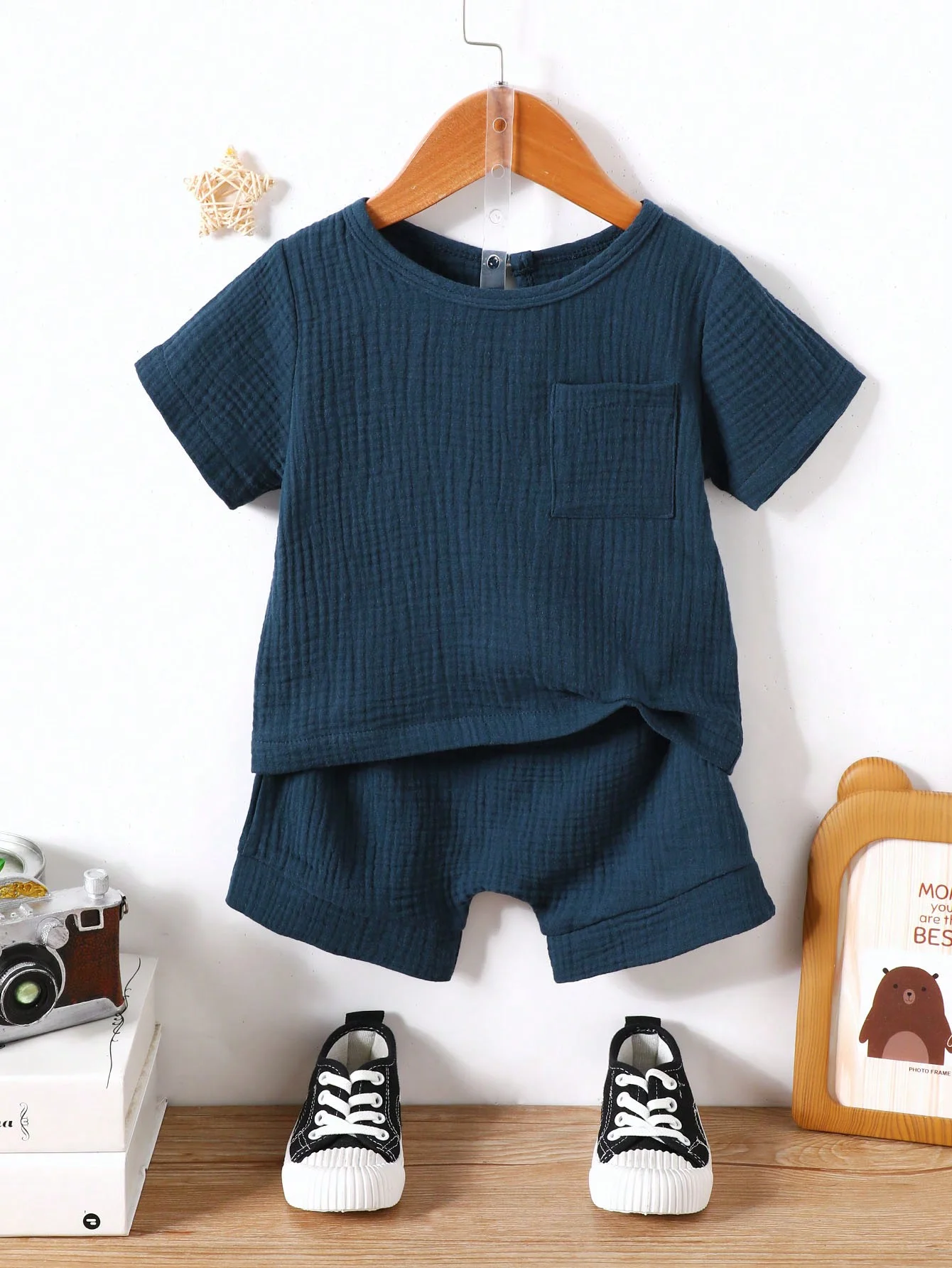 Summer Baby Boy Solid Pocket Patched Top & Shorts Set