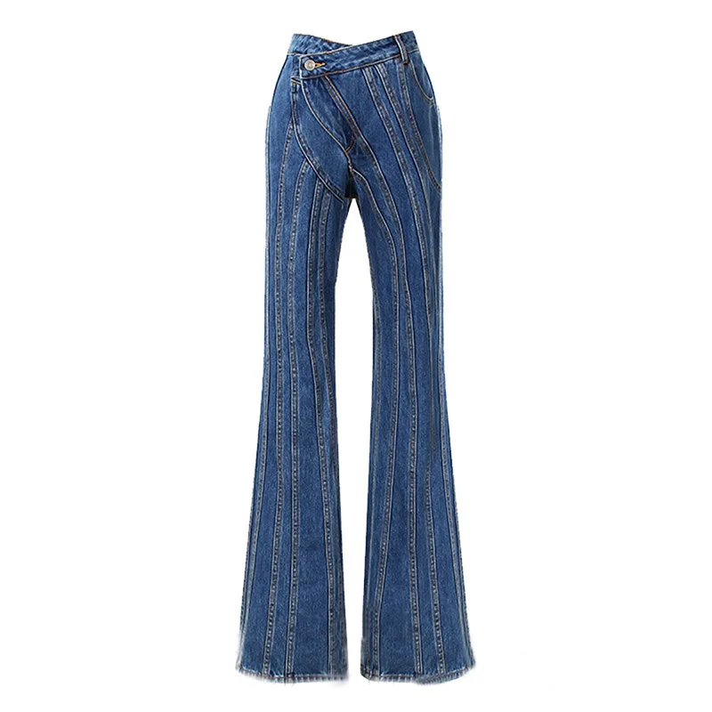 Fashion Asymmetric Sloping Waist Placket Jeans Women's Multi Line Segmentation Seam Structure Cutting Denim Pants New