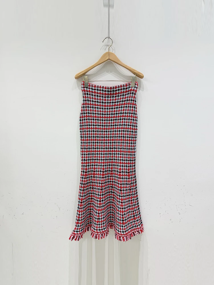 Spring Autumn Fashion Party Vintage Plaid Knitting Midi Fishtail Skirt Women's High Waist Buttock Covering Slim Long Dresses