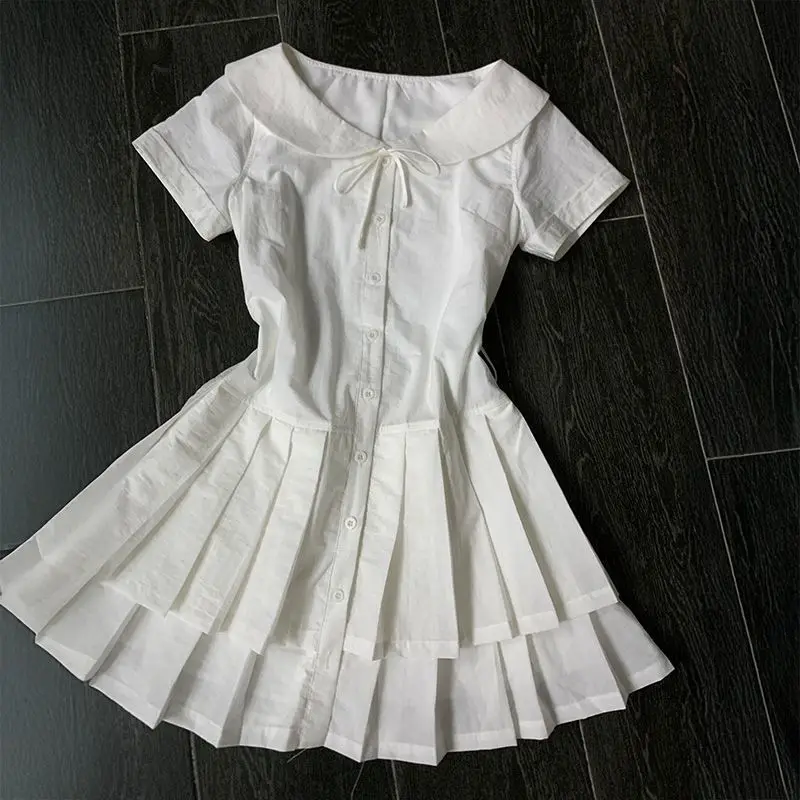 Vestido de manga corta ajustado Vintage estilo Preppy para mujer, moda de verano, vestidos camiseros finos con volantes, trajes Retro elegantes con cuello redondo para mujer