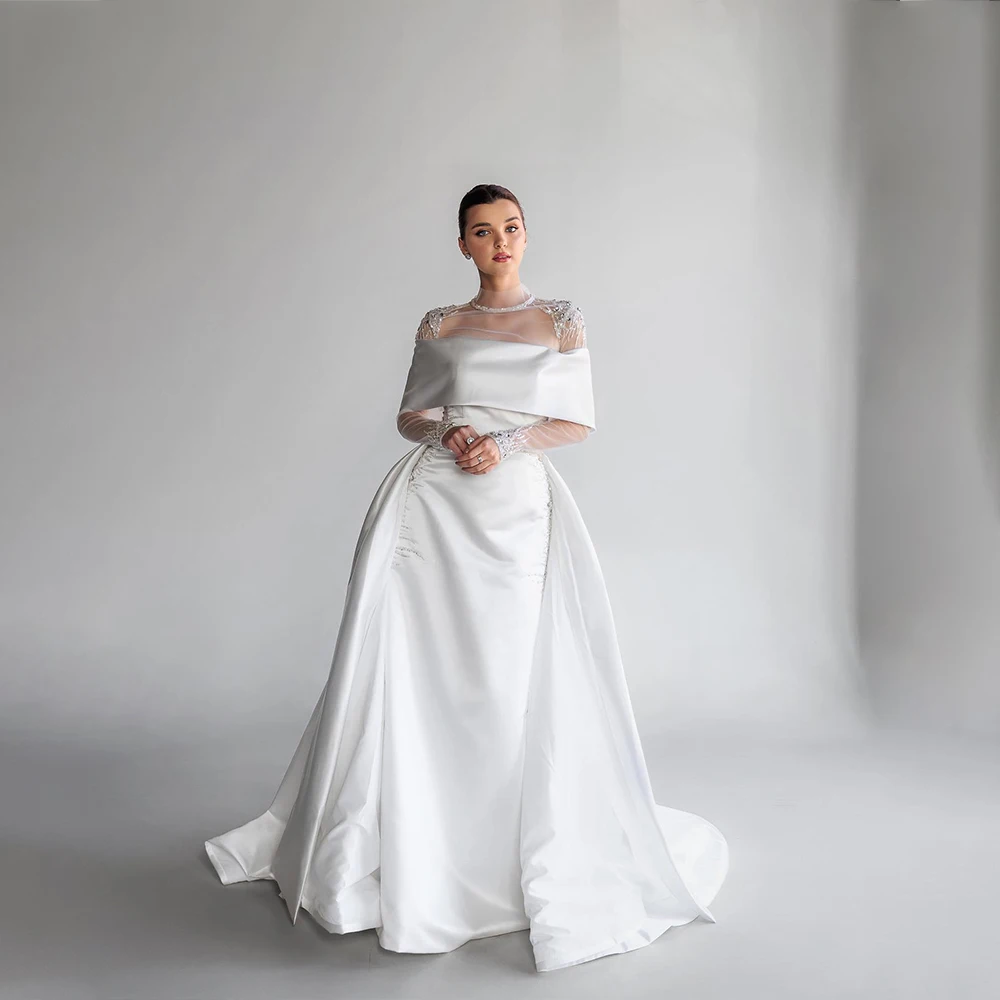 

Luxury Wedding Dresses Lace Long Sleeve Mermaid Detachable Train Beading Sequined Satin Bridal Gown Customized robe de mariée