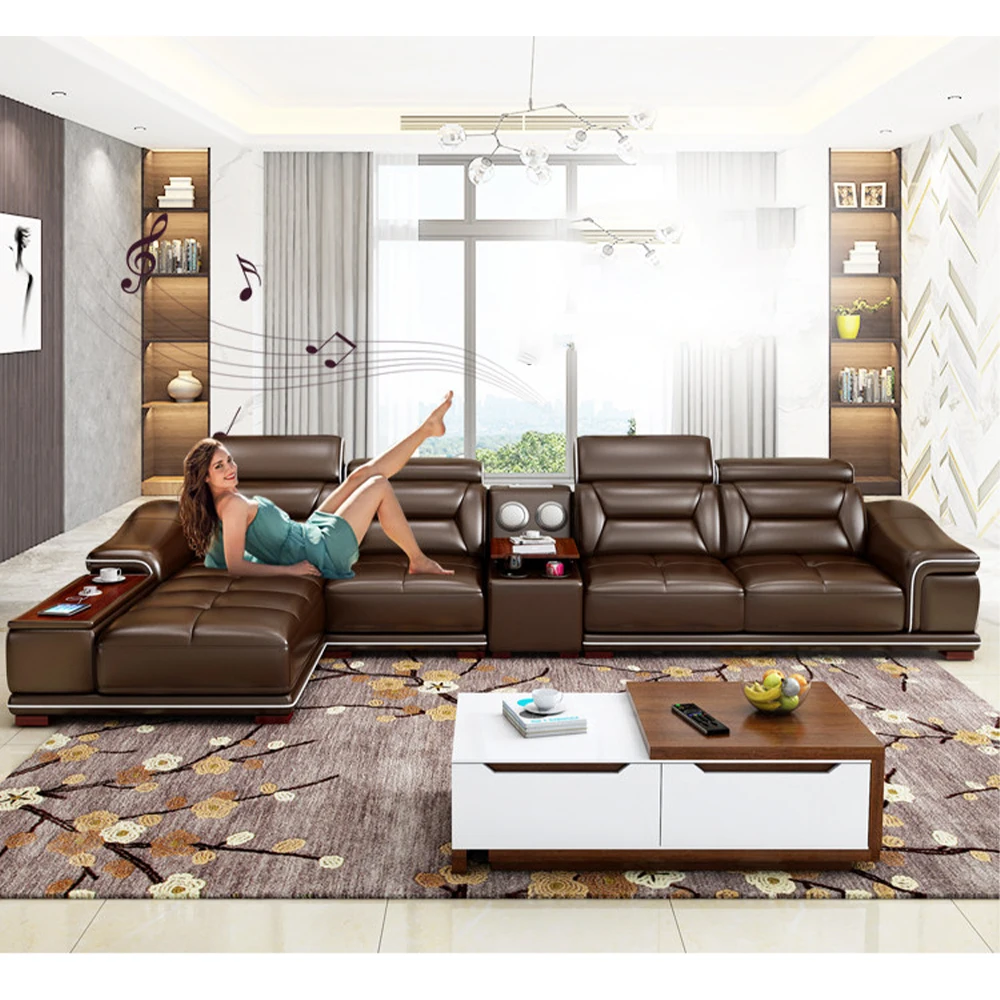 #Modern L-Shaped Genuine Leather Sectional Sofa with USB, Bluetooth Speaker, Cup Holder, Chaise Lounge & Adjustable Headrests