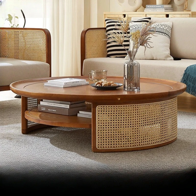 A  style round rattan coffee table Modern simple medium and ancient style solid wood corner table