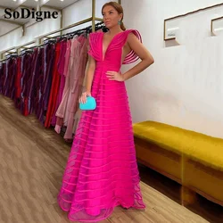 SoDigne Fuchsia Prom Dresses V Neck Cap Sleeves Sexy Pleat Ruched Women Long Evening Gown Formal Occasion Dress 2024