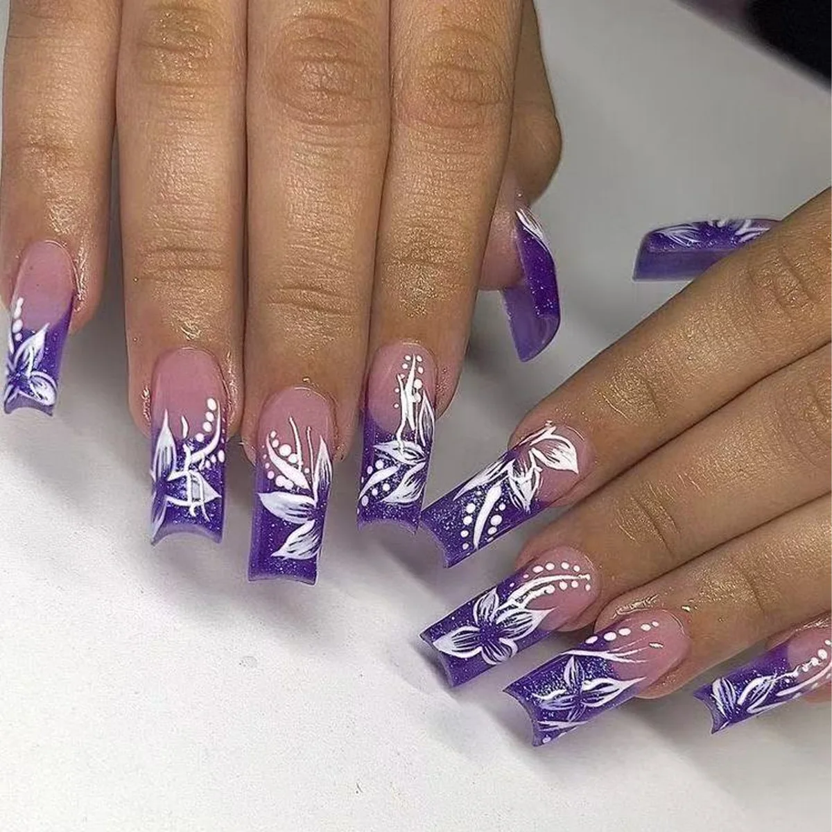 24Pcs Long Coffin Square Head Fake Nails Wearable Ballet Blue Butterfly with Glitter Press on False Nails Detachable Finger Nail view 5