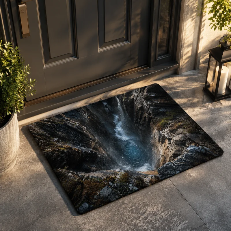 VIKAMA Visual Canyon Waterfall Stereoscopic Illusion Door Mat Machine Washable Floor Mat Entrance Courtyard Foot Mat