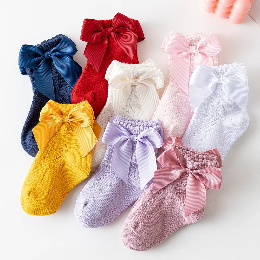 0-5Years Newborn Baby Girls Socks with Bows Breathable Toddlers Girl Short Socks Hollow Out Kids Infant Princess Cute Socks