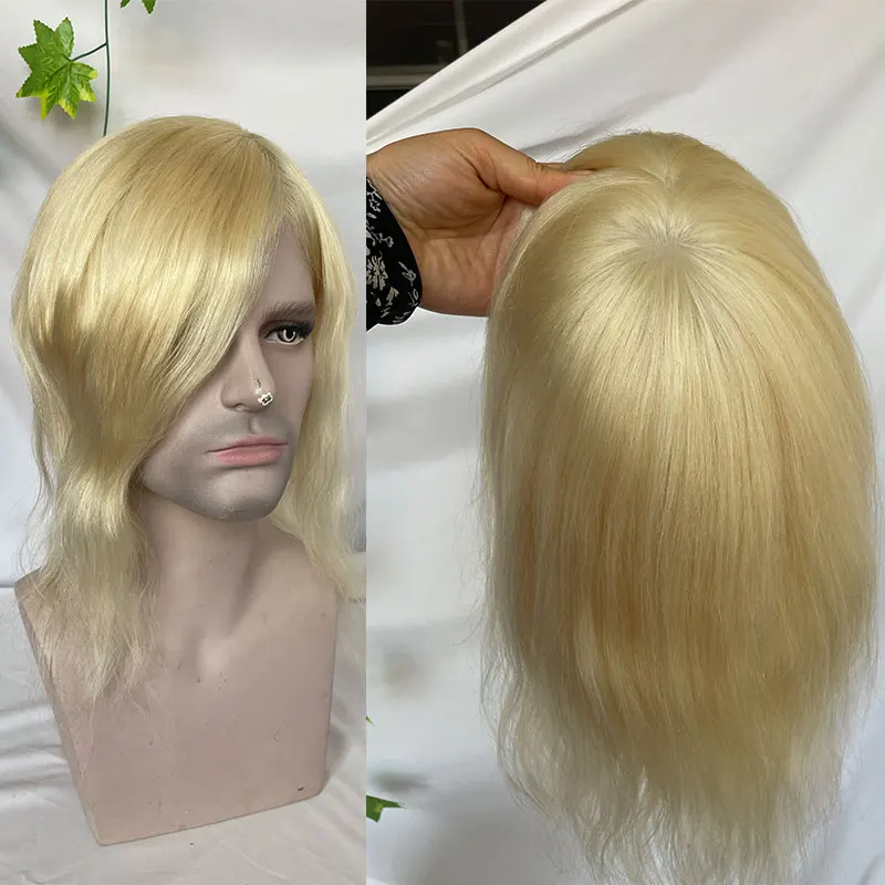 Thin Skin Full PU Toupee for Men Straight Wave Long Human Hair System Blonde Color 613 # PU Toupee 12in 10x8in Hairpieces